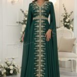 Emerald green Moroccan kaftan with gold embroidery and cape sleeves luxury beaded Nikkah and evening abaya dress (1)