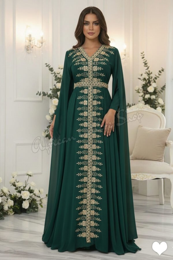 Emerald green Moroccan kaftan with gold embroidery and cape sleeves luxury beaded Nikkah and evening abaya dress (1)
