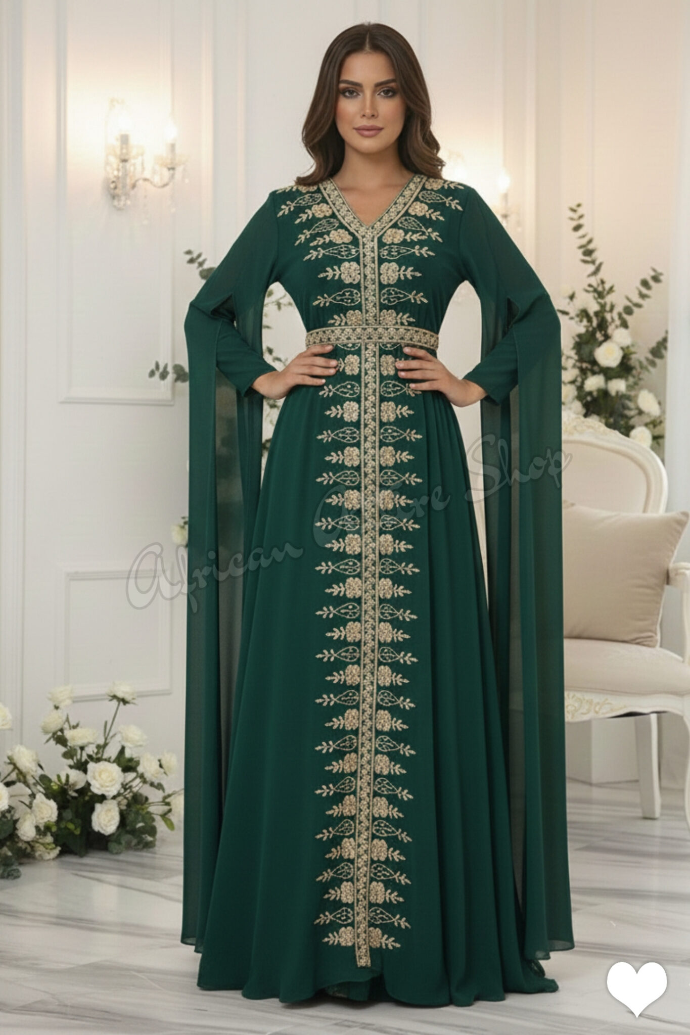 Buy Emerald Green & Gold Moroccan Kaftan – Luxury Beaded Abaya Dress ...