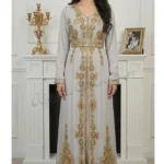 Grey Moroccan kaftan with gold embroidery and pearls luxury hand-embroidered Dubai abaya dress for weddings and Nikkah (1)