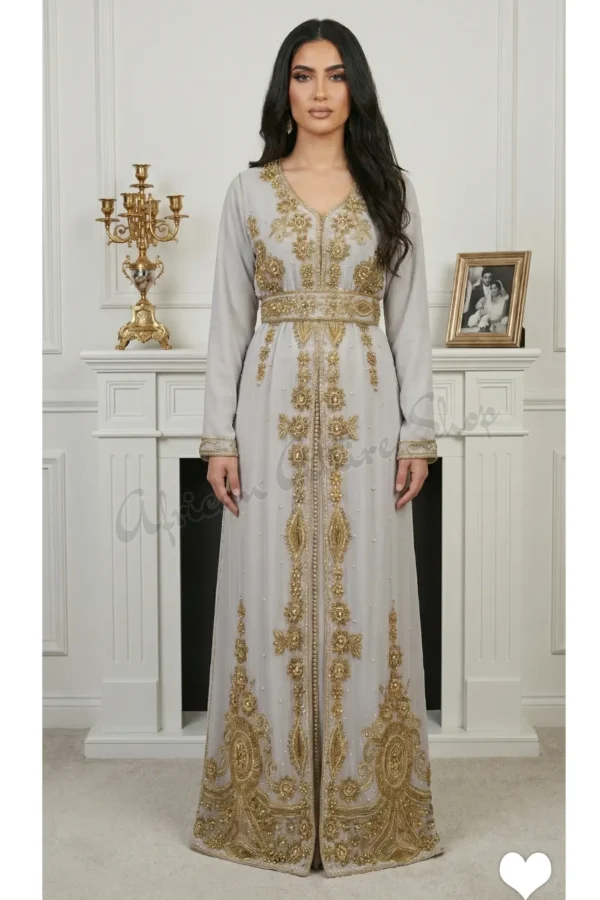 Grey Moroccan kaftan with gold embroidery and pearls luxury hand-embroidered Dubai abaya dress for weddings and Nikkah (1)