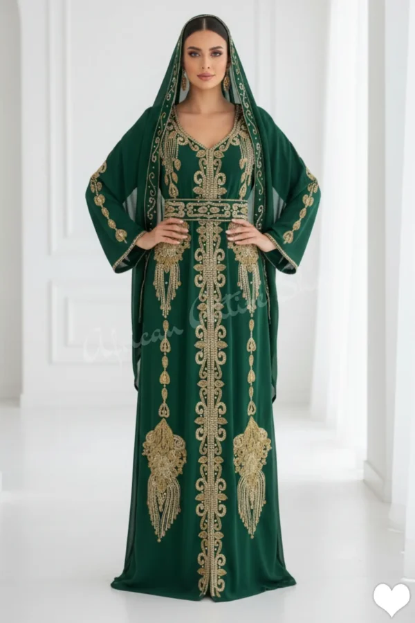 Luxury Emerald Green Moroccan Kaftan with Gold Embroidery and Belt Traditional Takchita Formal Muslim Wedding Guest Dress (1)
