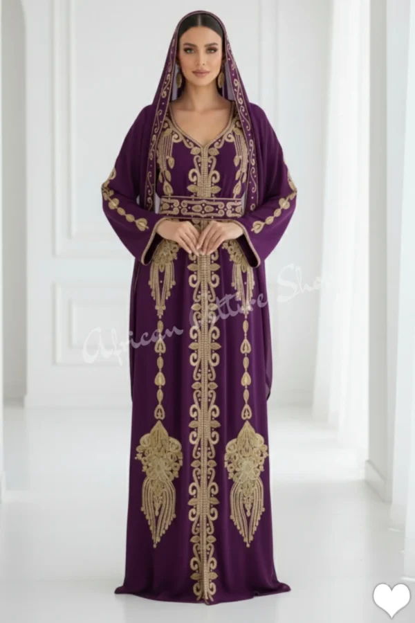 Luxury Purple Moroccan Kaftan with Gold Embroidery and Belt Traditional Takchita Formal Muslim Wedding Guest Dress