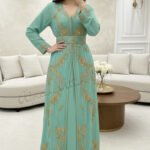 Mint green Moroccan kaftan with gold embroidery and belt luxury embroidered abaya dress for Nikkah and evening events (1)