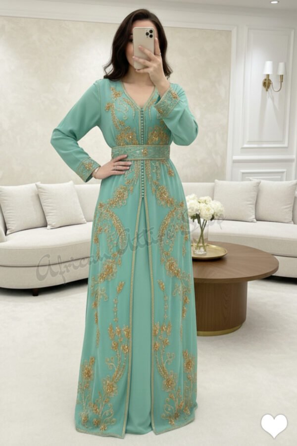 Mint green Moroccan kaftan with gold embroidery and belt luxury embroidered abaya dress for Nikkah and evening events (1)