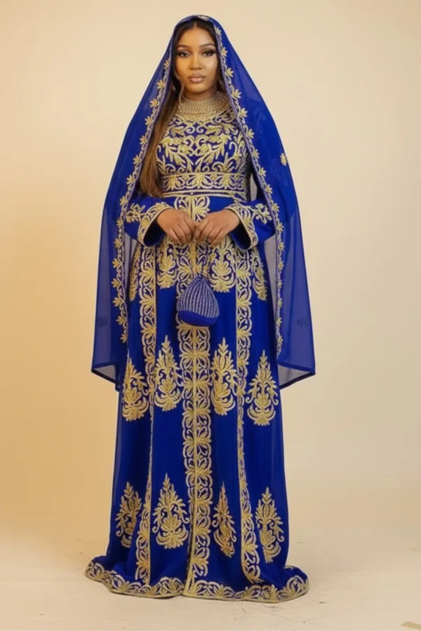 Royal blue Moroccan kaftan with gold embroidery and veil cape luxury Nikkah wedding and evening caftan dress (1)