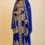 Royal blue Moroccan kaftan with gold embroidery and veil cape luxury Nikkah wedding and evening caftan dress (3)