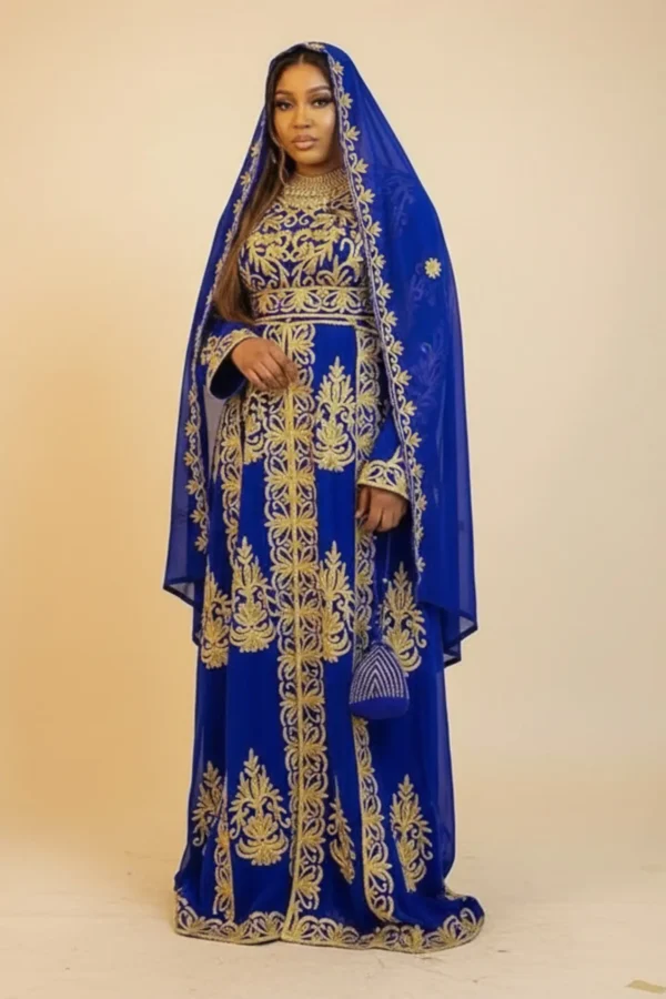 Royal blue Moroccan kaftan with gold embroidery and veil cape luxury Nikkah wedding and evening caftan dress (3)