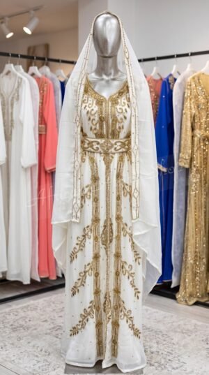 White & Gold Moroccan Bridal Kaftan (1)