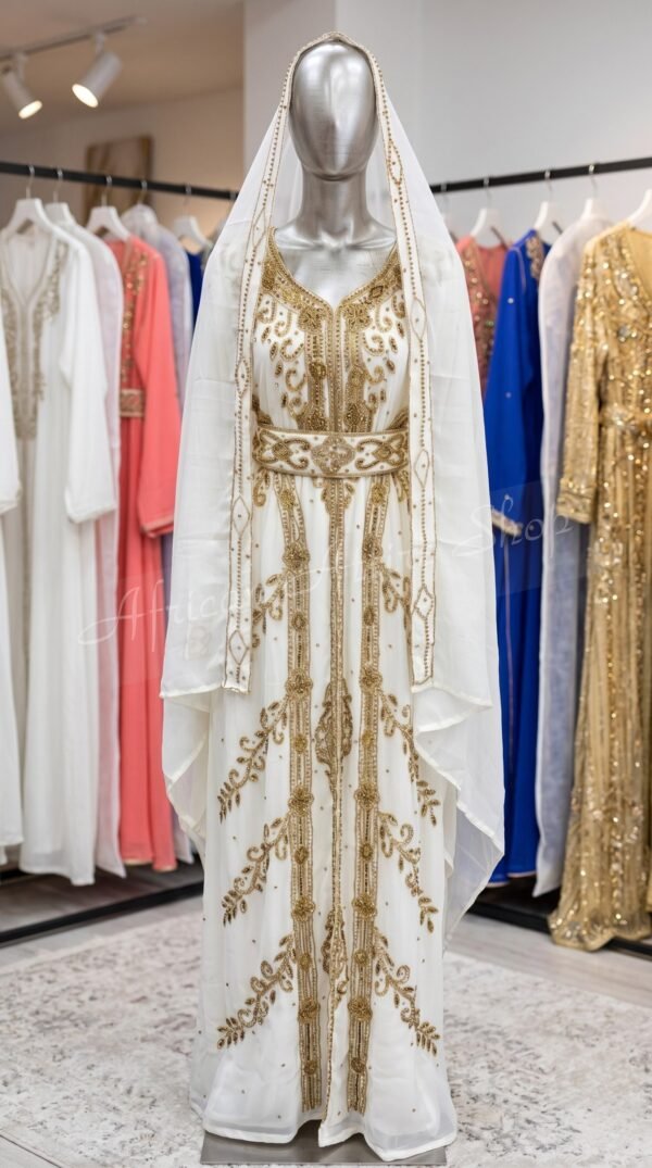 White & Gold Moroccan Bridal Kaftan (1)