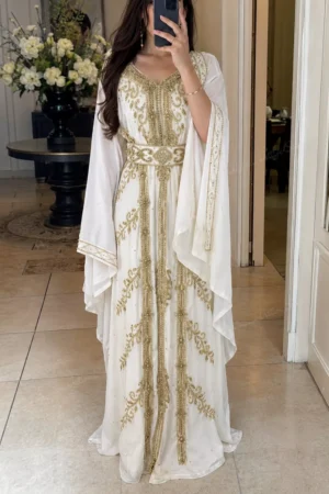 White & Gold Moroccan Bridal Kaftan Dress (1)