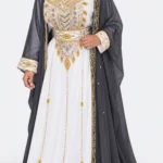White and black gold hand-beaded Moroccan kaftan with charcoal grey embroidered outer layer (1)