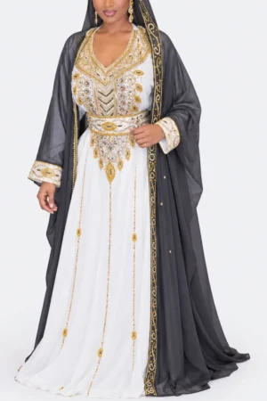 White and black gold hand-beaded Moroccan kaftan with charcoal grey embroidered outer layer (1)