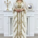 White and gold Moroccan bridal kaftan with veil cape luxury hand-embroidered Nikkah wedding dress (10)