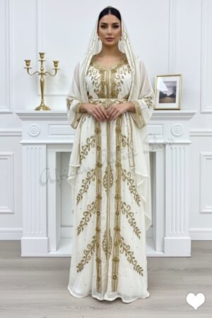 White and gold Moroccan bridal kaftan with veil cape luxury hand-embroidered Nikkah wedding dress (10)