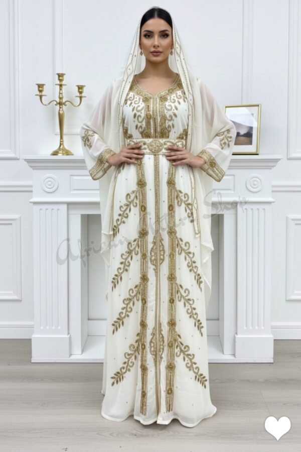 White and gold Moroccan bridal kaftan with veil cape luxury hand-embroidered Nikkah wedding dress (6)