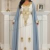 White and gold Moroccan kaftan with sky blue cape luxury Nikkah wedding abaya and Dubai evening caftan (1)