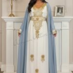 White and gold Moroccan kaftan with sky blue cape luxury Nikkah wedding abaya and Dubai evening caftan (1)