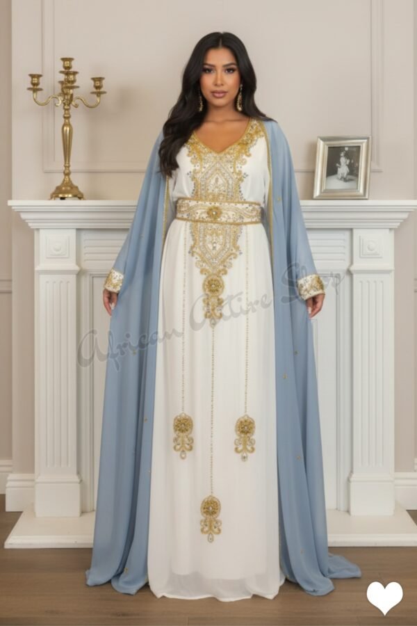 White and gold Moroccan kaftan with sky blue cape luxury Nikkah wedding abaya and Dubai evening caftan (1)