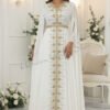 White and gold embroidered Moroccan bridal kaftan with cape sleeves modest Nikkah wedding dress for Muslim brides (1)