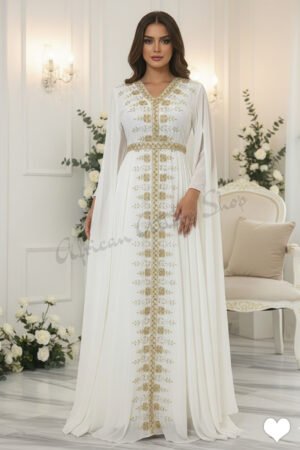 White and gold embroidered Moroccan bridal kaftan with cape sleeves modest Nikkah wedding dress for Muslim brides (1)