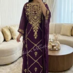 Women's purple georgette kaftan dress with gold zari embroidery and farasha butterfly cut for Eid and wedding guest attire (1)
