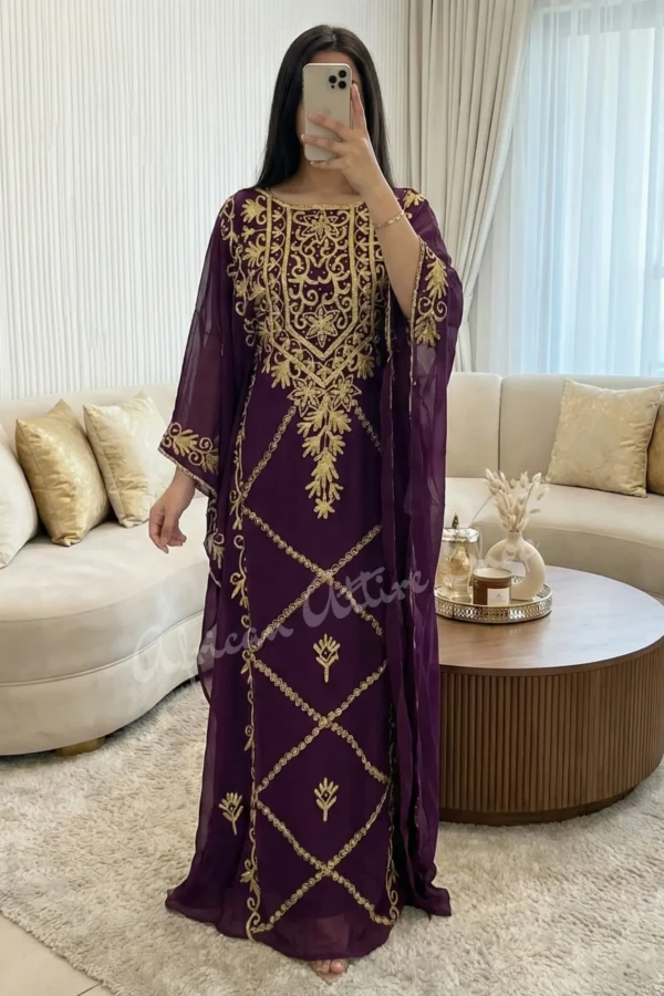 Women's purple georgette kaftan dress with gold zari embroidery and farasha butterfly cut for Eid and wedding guest attire (1)