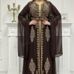 brown Moroccan kaftan with gold embroidery and cape sleeves luxury Dubai abaya dress for Nikkah and evening wear (1)