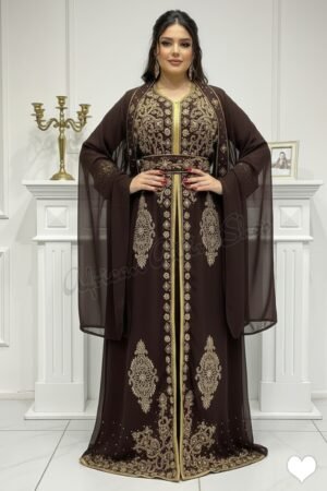 brown Moroccan kaftan with gold embroidery and cape sleeves luxury Dubai abaya dress for Nikkah and evening wear (1)