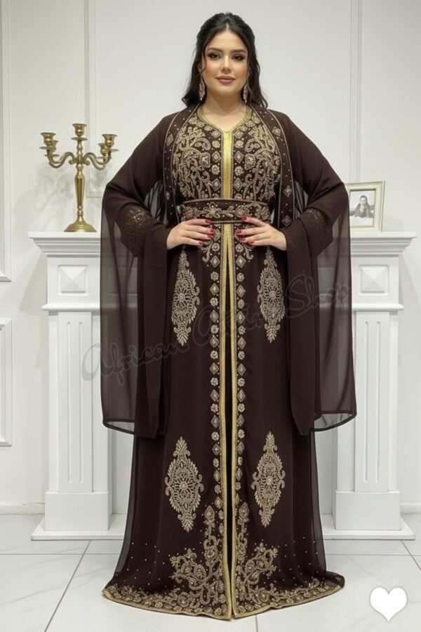 brown Moroccan kaftan with gold embroidery and cape sleeves luxury Dubai abaya dress for Nikkah and evening wear (1)