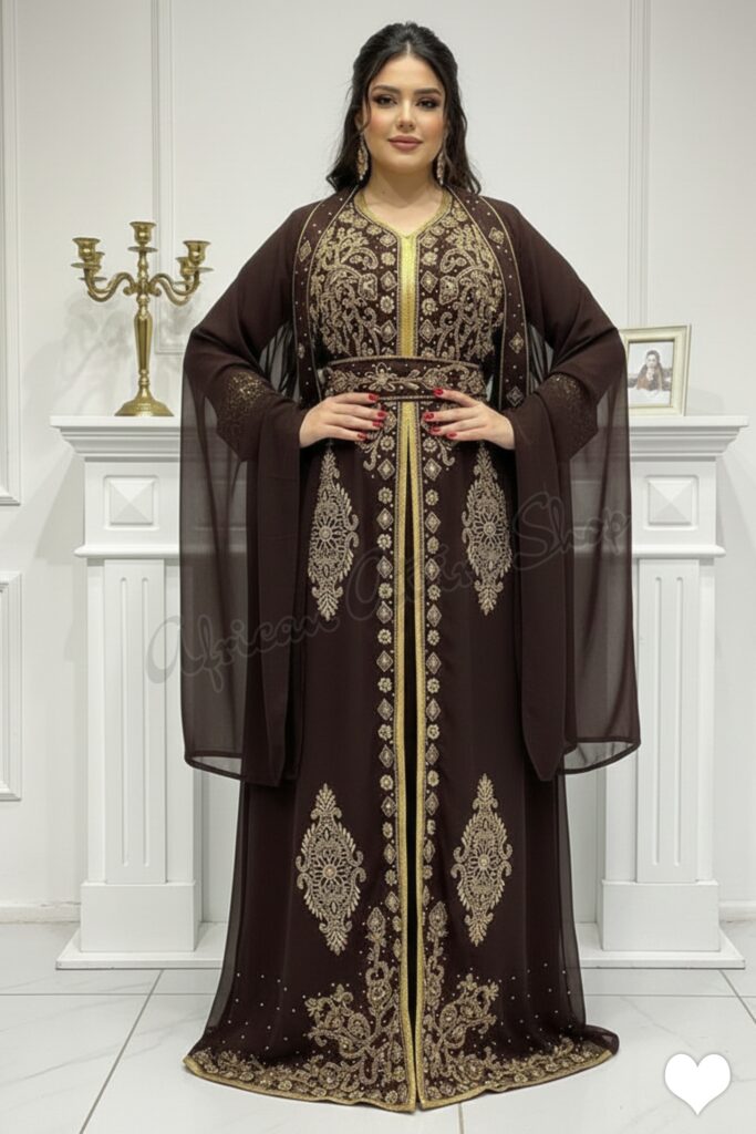 Brown & Gold Moroccan Kaftan – Luxury Embroidered Dubai Abaya