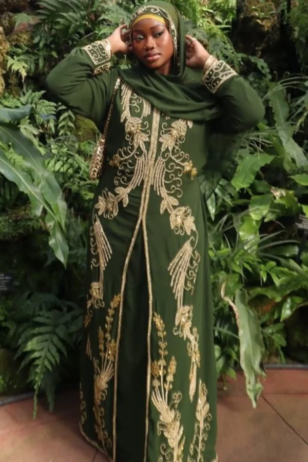 forest green gold embroidered moroccan kaftan headscarf (1)