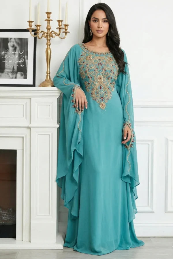 teal gold embroidered moroccan kaftan dubai (1)