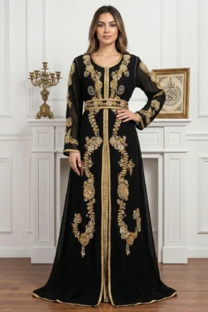 Black Moroccan kaftan dress with gold embroidery (1)