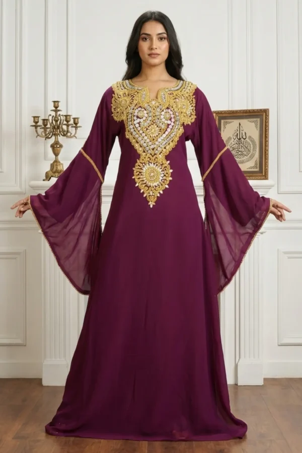 Purple Moroccan kaftan dress with gold embroidery (1)
