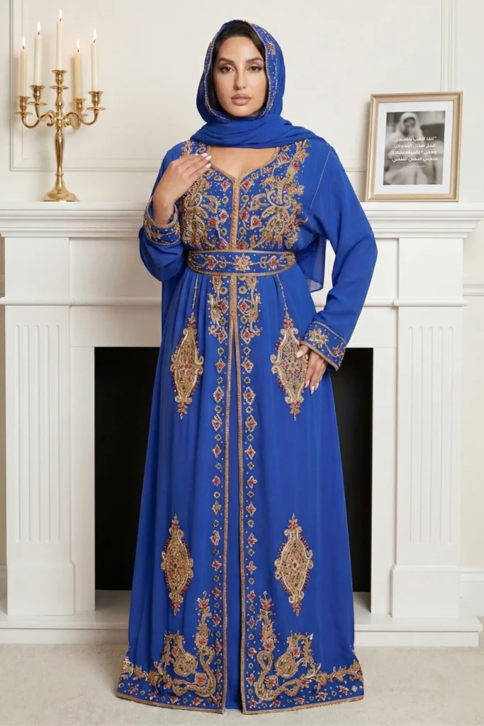Buy SALE!! Royal Blue Taksita Moroccan Kaftan Dress  Luxury Gold  Embroidered Dubai Kaftan Dress with Hijab for Eid, Wedding & Evening Wear -  African Attire Shop