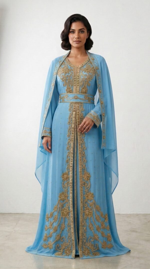 Moroccan Kaftan Takchita SKY-bLUE Gold Embroidered Eid Dress Ramadan Gown Plus Size Custom Wedding (5)