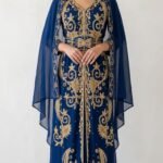 Navy Blue Moroccan Wedding Takchita Kaftan with Gold Embroidery & Veil (6)