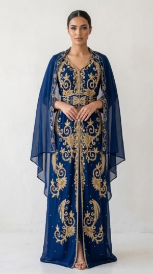 Navy Blue Moroccan Wedding Takchita Kaftan with Gold Embroidery & Veil (6)