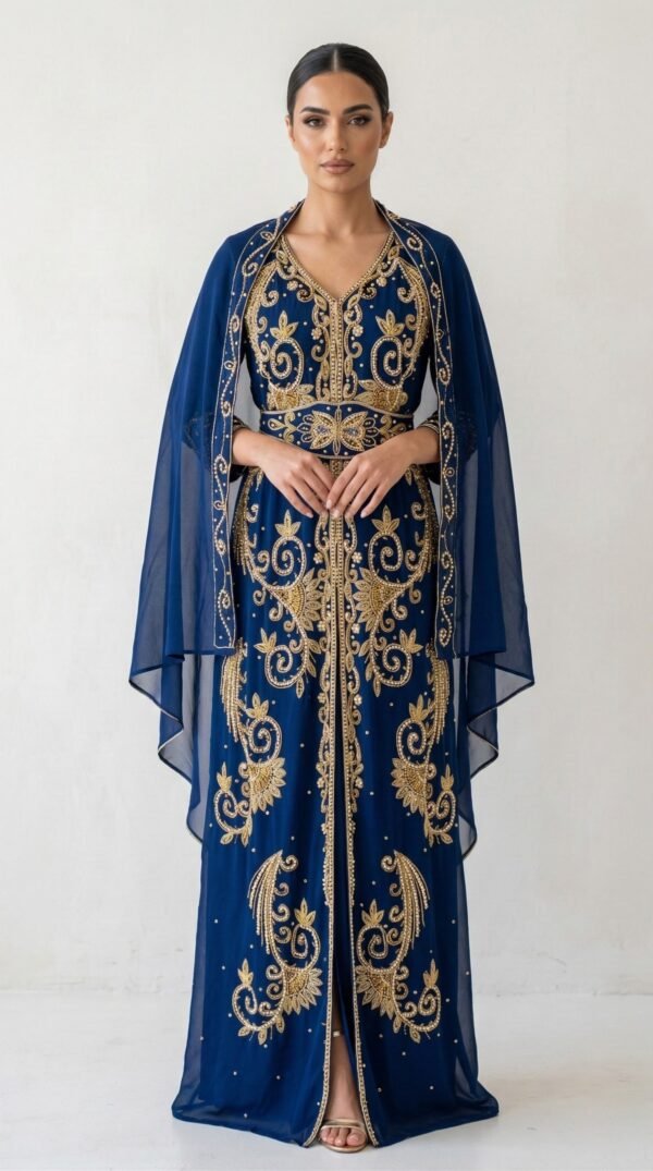 Navy Blue Moroccan Wedding Takchita Kaftan with Gold Embroidery & Veil (6)