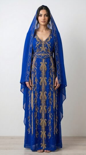 Royal blue Moroccan kaftan with gold embroidery (1)