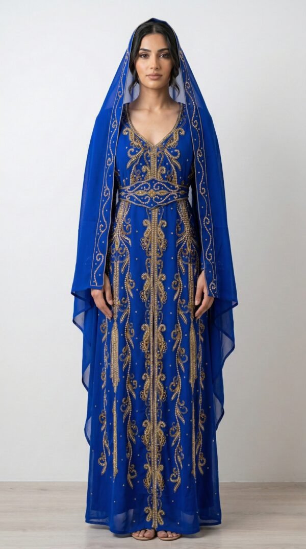 Royal blue Moroccan kaftan with gold embroidery (1)