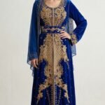 Royal blue georgette Moroccan kaftan with gold embroidery (1)