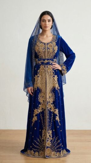 Royal blue georgette Moroccan kaftan with gold embroidery (1)