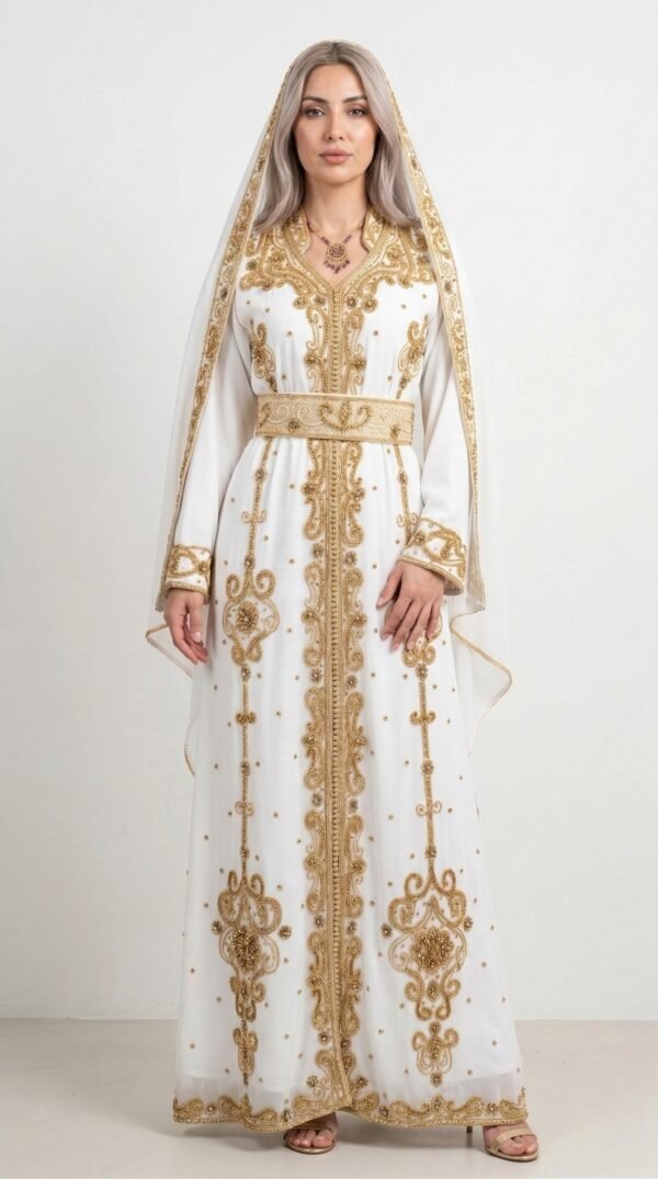 White Moroccan bridal kaftan with gold embroidery (2)