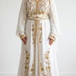 White Moroccan bridal kaftan with scarf and gold embroidery (1)