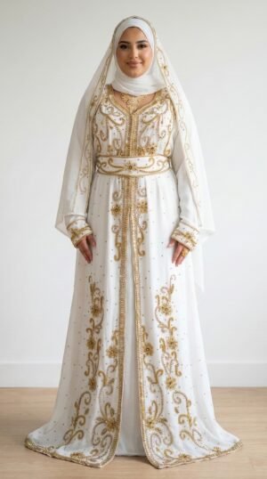 White Moroccan bridal kaftan with scarf and gold embroidery (1)