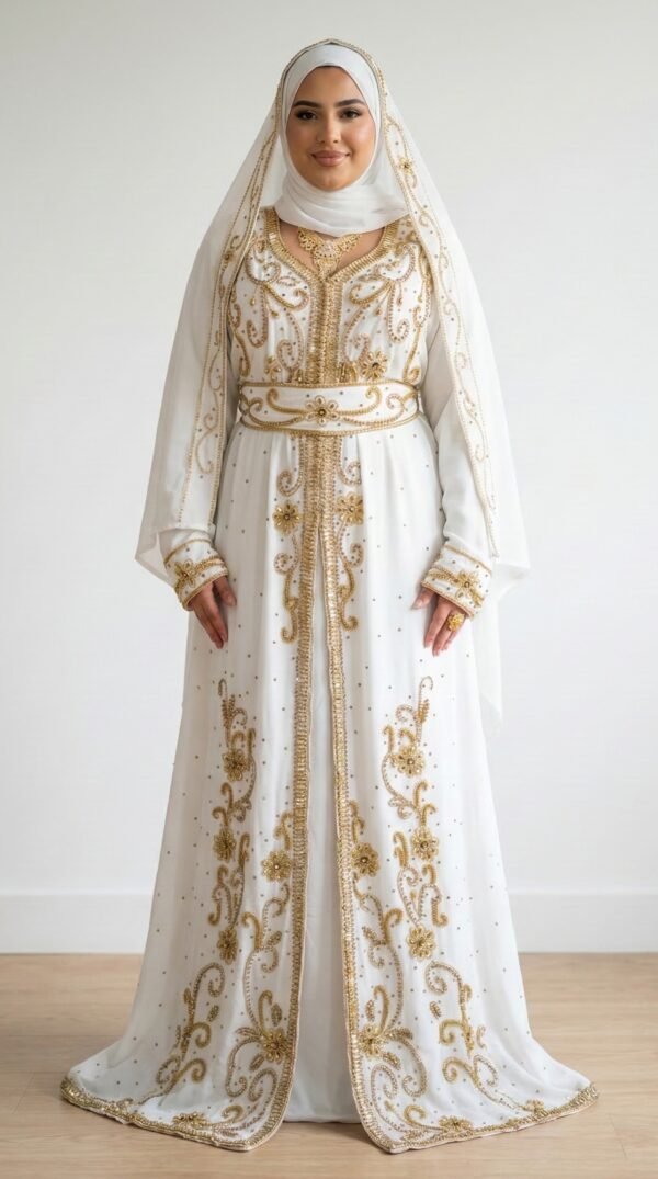 White Moroccan bridal kaftan with scarf and gold embroidery (1)