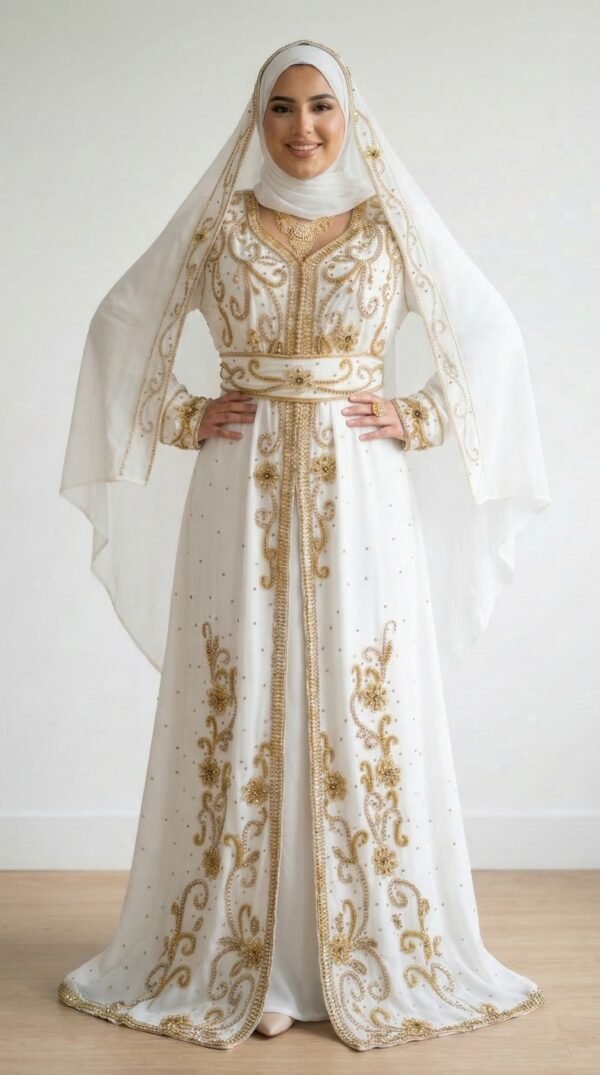 White Moroccan bridal kaftan with scarf and gold embroidery (2)