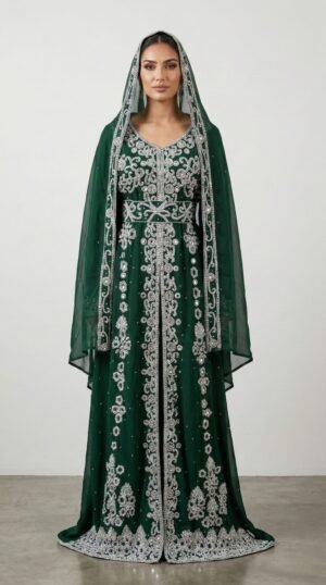green Moroccan kaftan with silver embroidery (1)